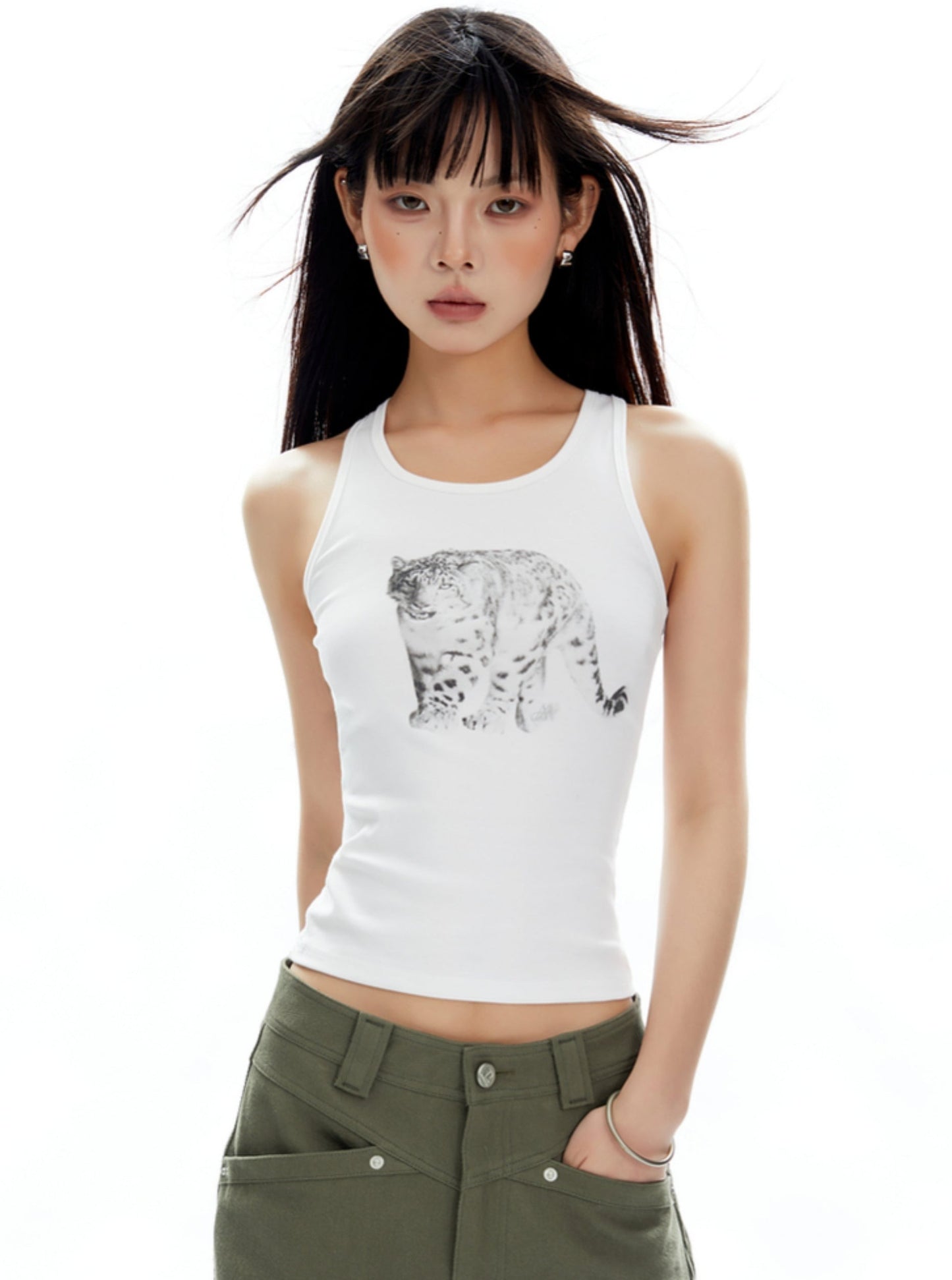 Realistic Style White Ink Printed Racer Top