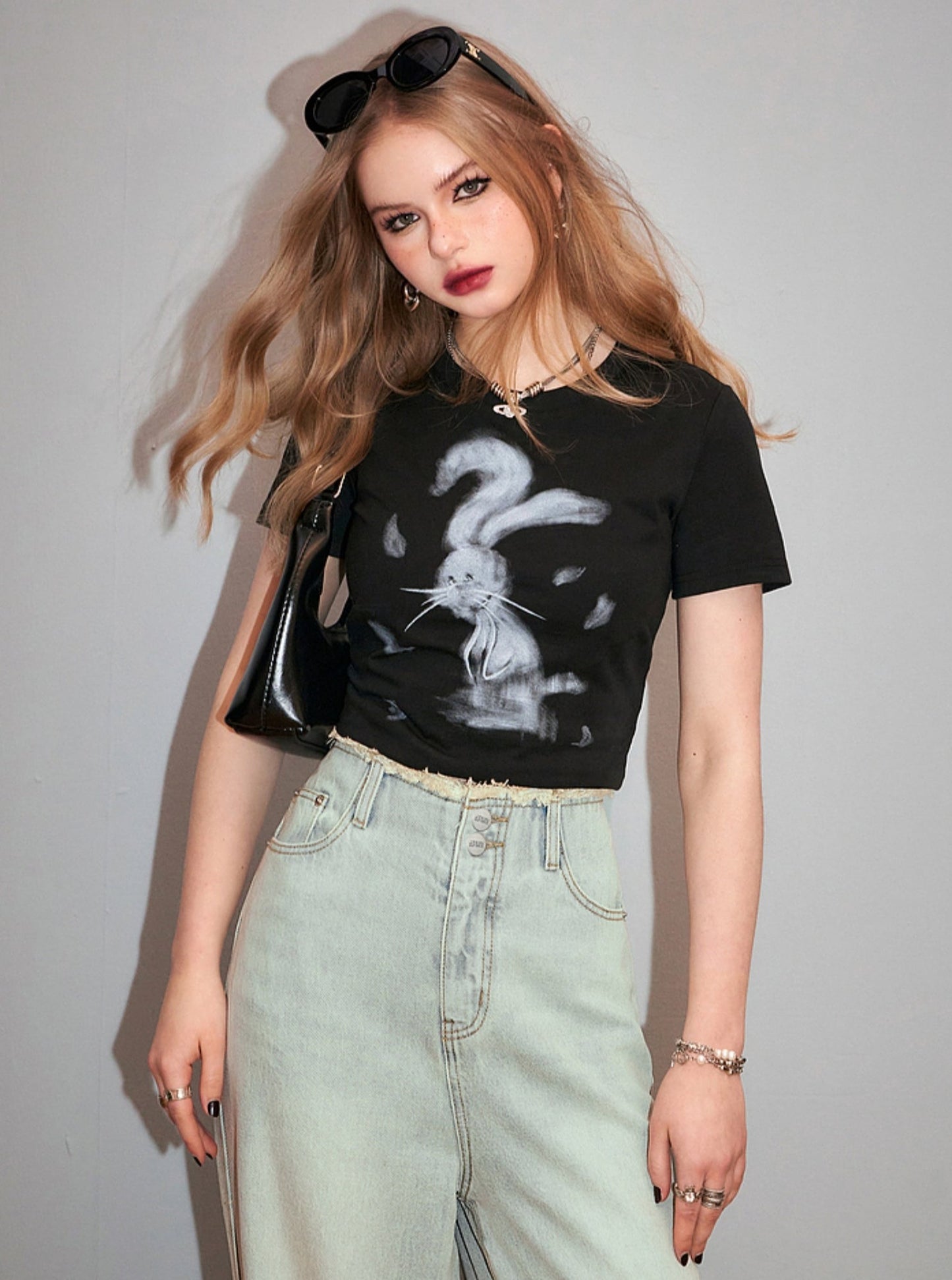 Bunny Print Slim Fit White T-Shirt