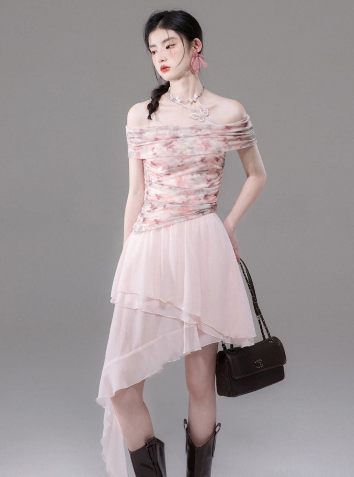 Atmosphere Pink Mesh Print Top Skirt Set
