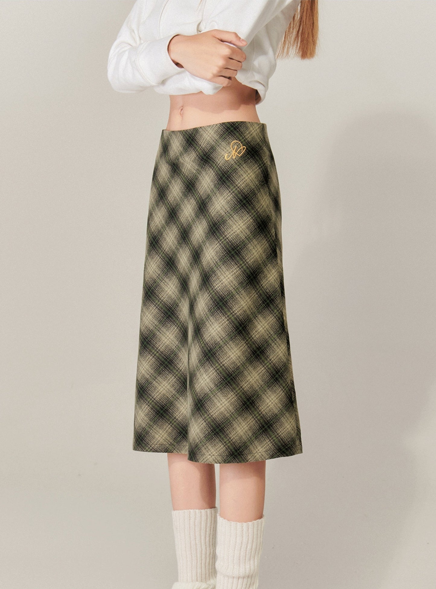 Checked A-Line Hip Midi Skirt