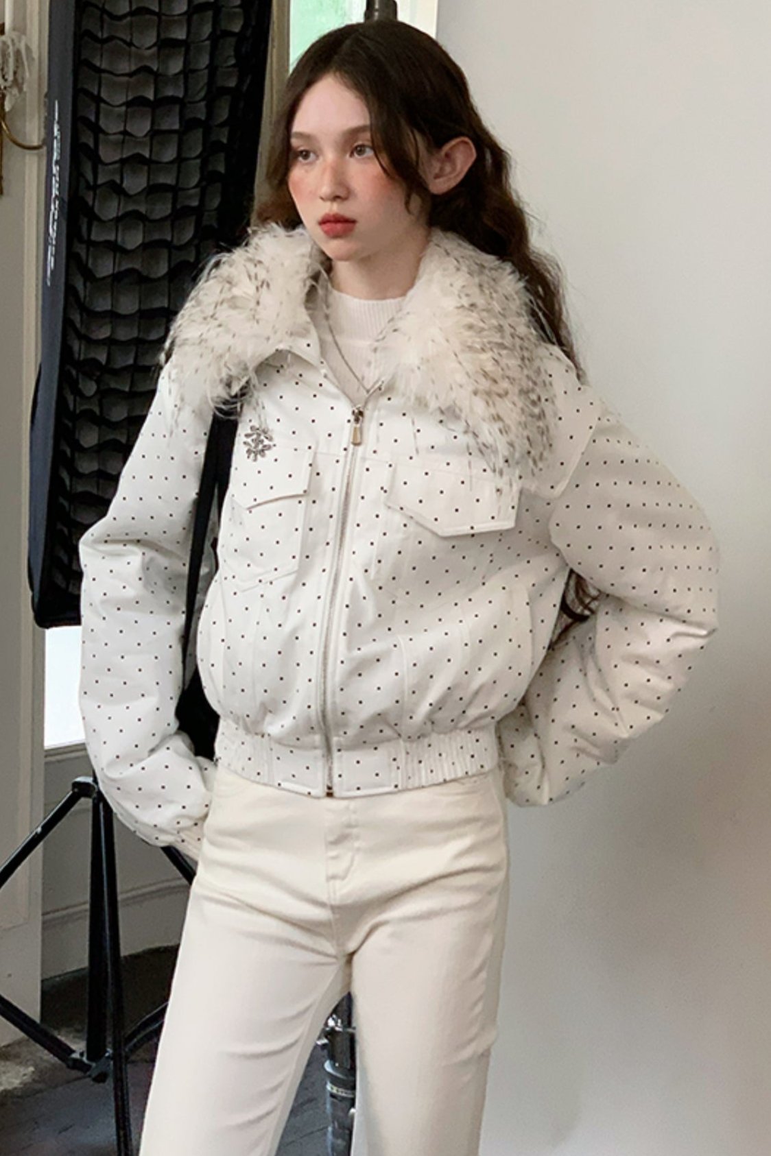 White Polka Dot Fur Collar Coat