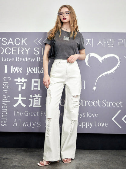 Chic Ripped High-Waist White Denim Pants