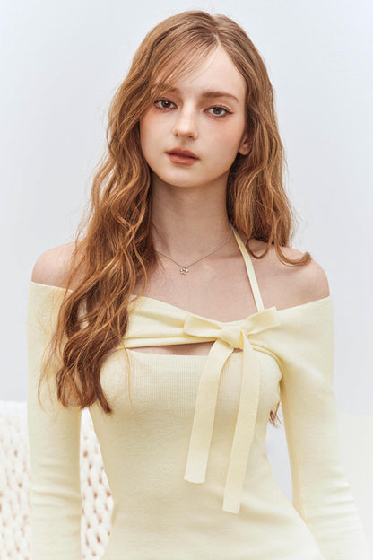 Slim One-Shoulder Bow Knit Top