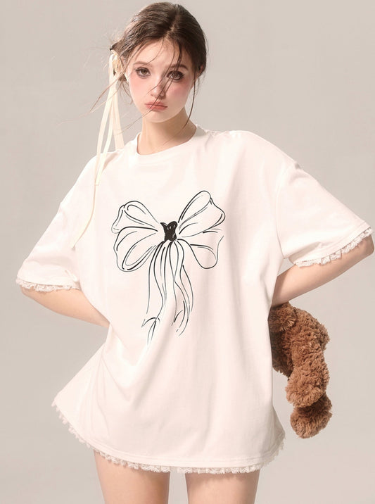 Weniger auch Auge Madame Butterfly handgemalte Schleife Spitze getrimmt weiß lose Kurzarm-T-Shirt Nische einfache Top Frauen