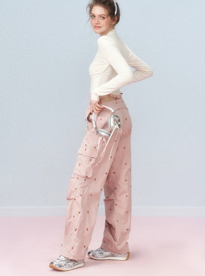 Cherry embroidered cargo pants