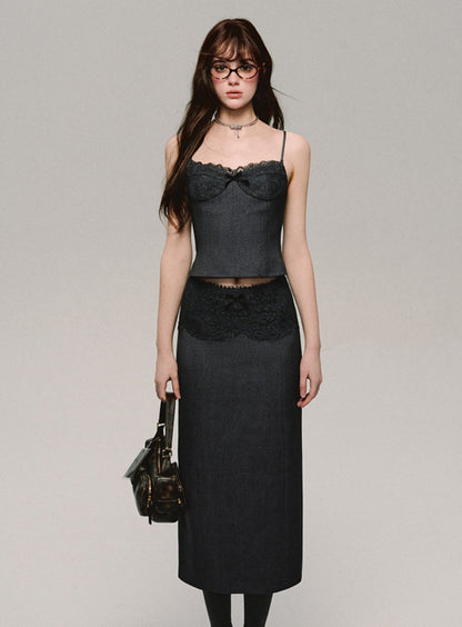 Lace Trim Suspender Skirt and Top Set-Up