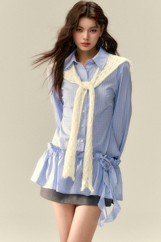 Detachable Rose Brooch Shirt Dress