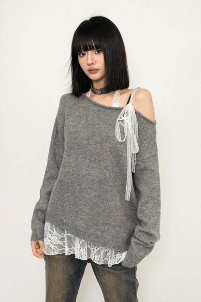 Lace Tie Slanted Shoulder Knit Sweater