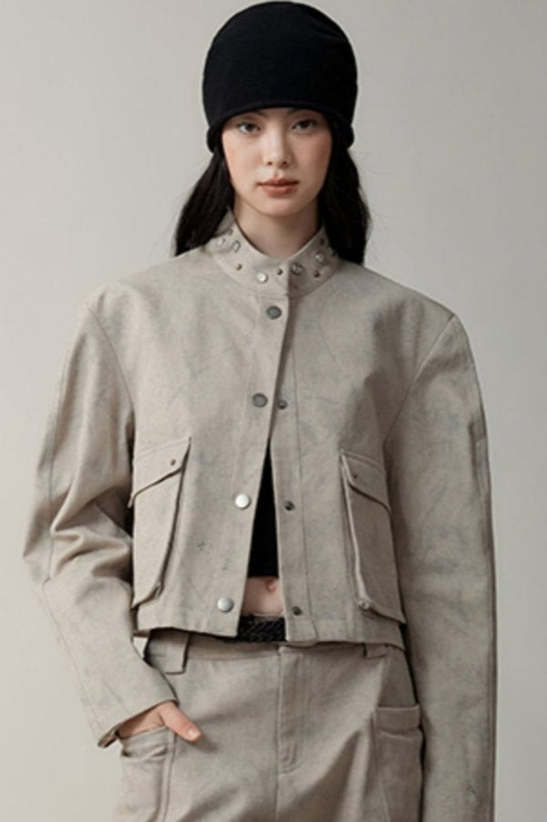 스탠드 칼라 염색 진 재킷 