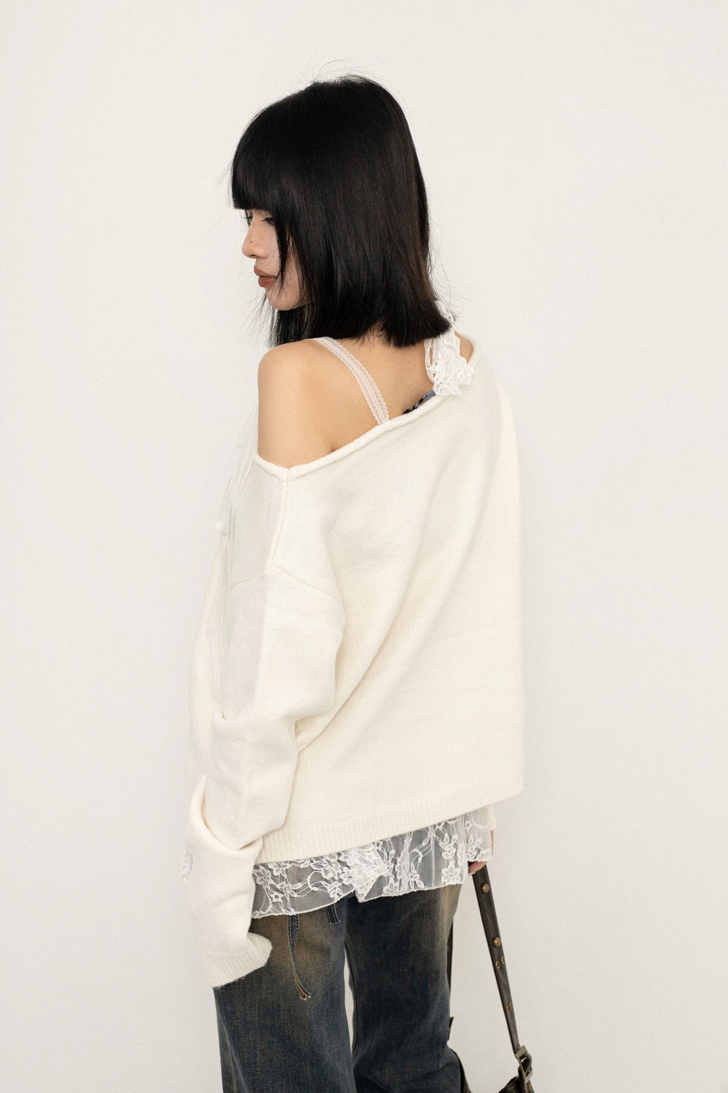 Lace Tie Slanted Shoulder Knit Sweater