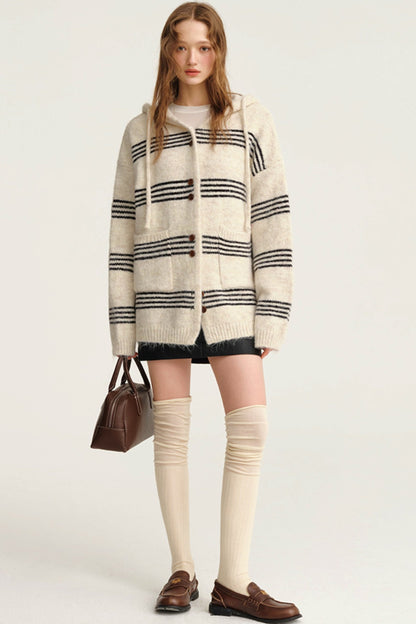 Slouchy Pinstripe Hooded Wool Cardigan