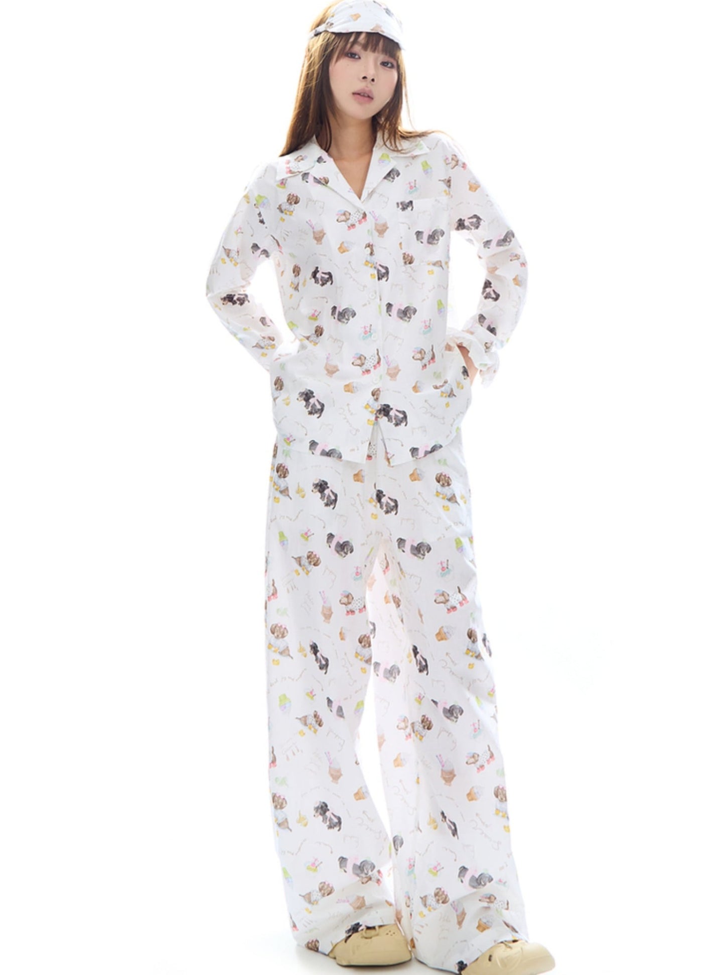 APEA sleepy bear puppy lazy long-sleeved pajamas cotton cute cartoon print parental pants two-piece suit