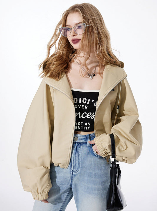 Balloon Sleeve Hooded Cropped Jacket