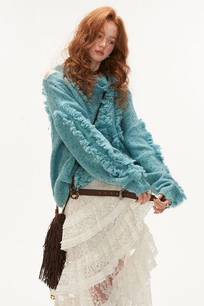 Leak Shoulder Destraction Tassel Sweater