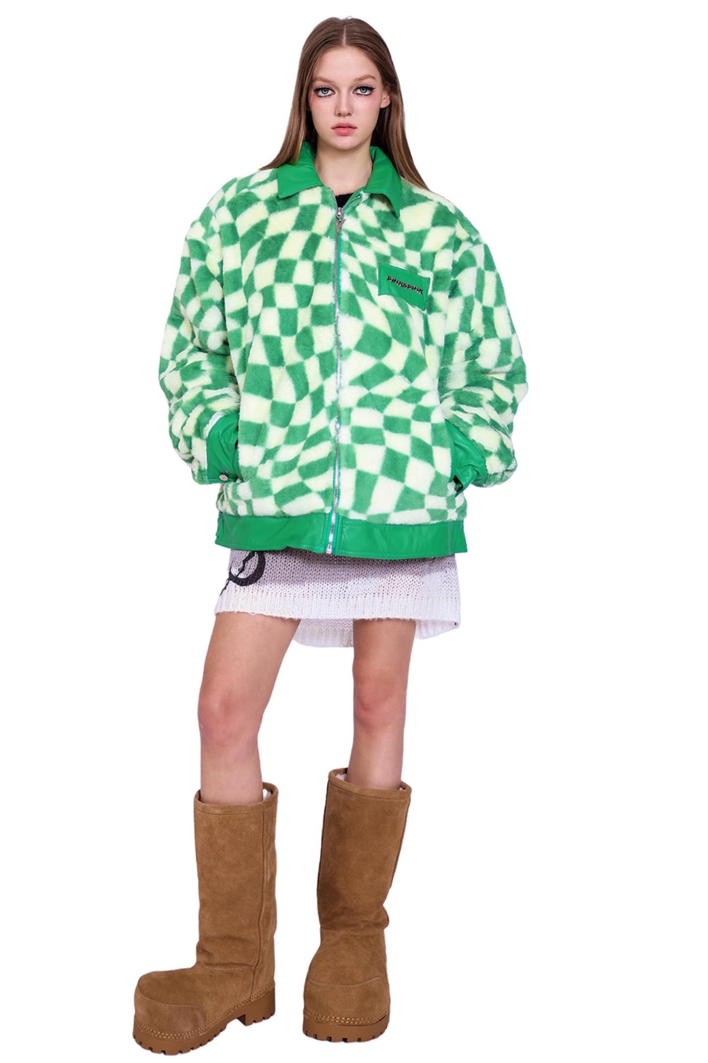 Checkerboard Plush Panel Coat