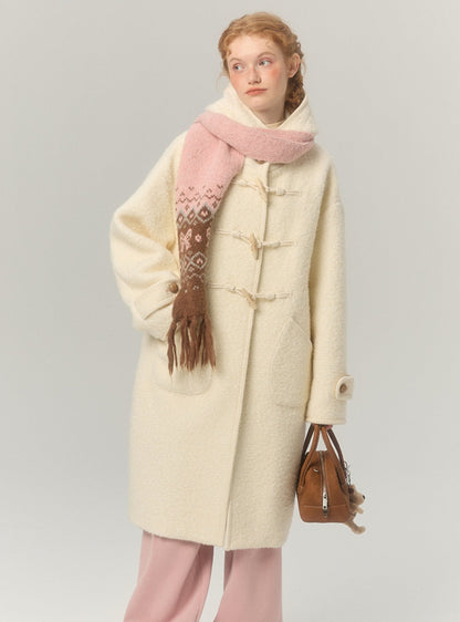 Long thickened hooded horn-buttoned tweed coat