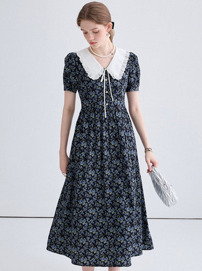 Cinched Lace Doll Collar Floral Long Dress