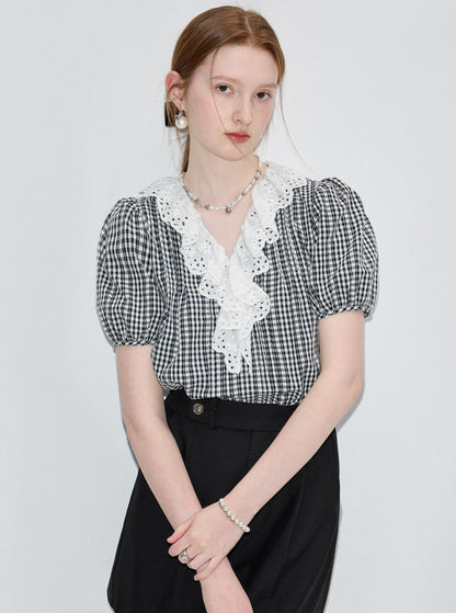 Lace Collar Check Short Sleeve Shirt