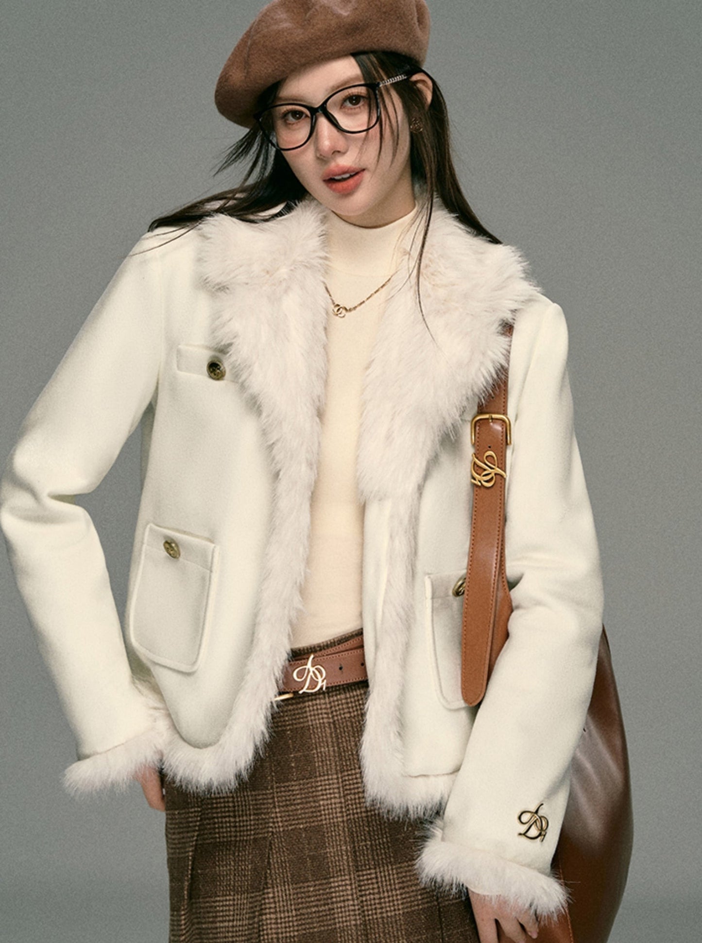 Fragrance Lapel Spliced Fur Collar Jacket