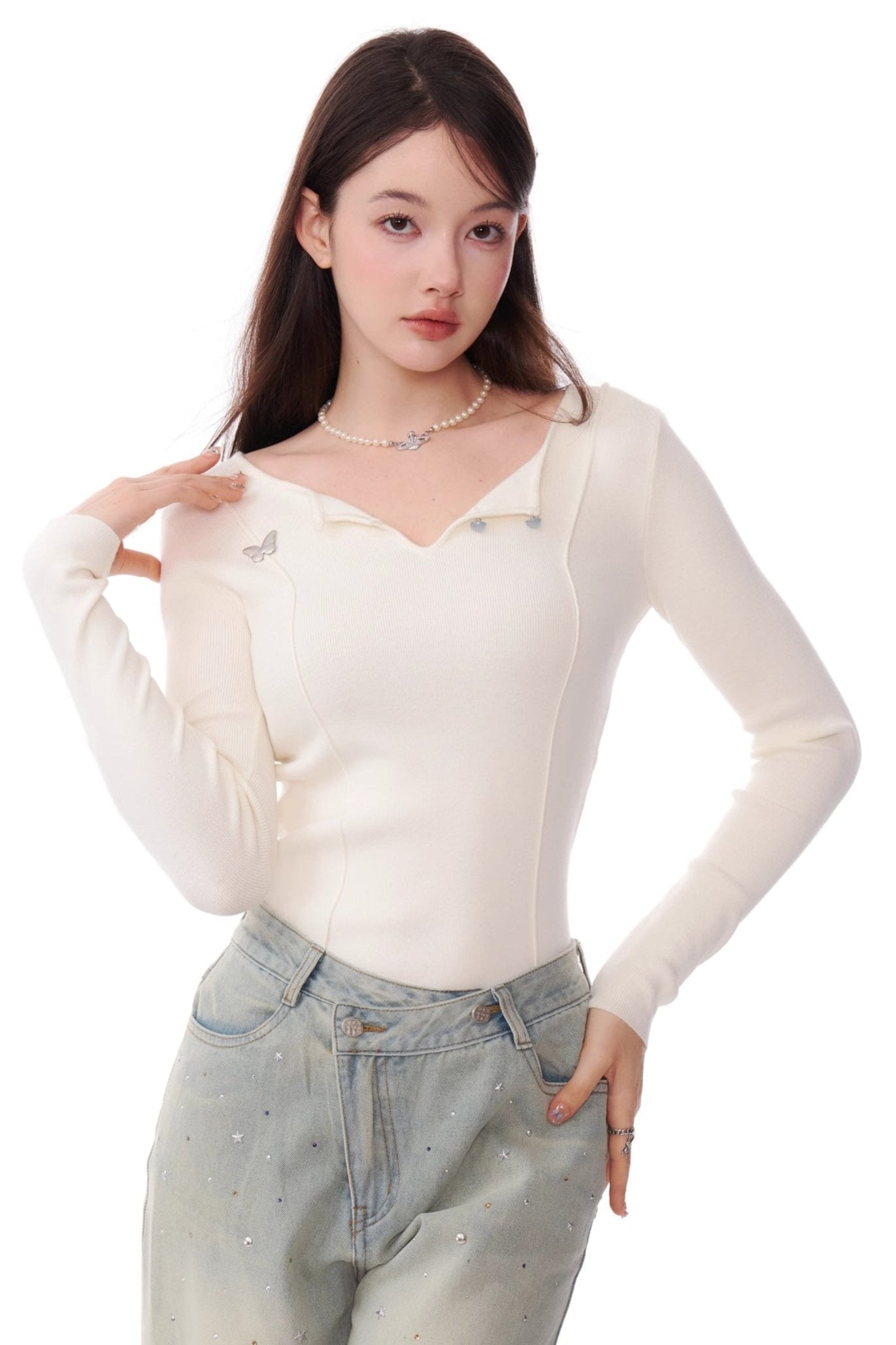 Retro Metal Butterfly Slim Knitted Top