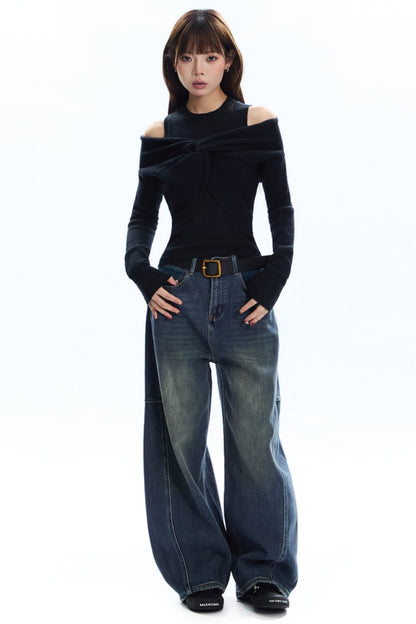 [New on September 19] APEA American Vintage Dark Blue Jeans Women's Belt Loose Bloomer Pants