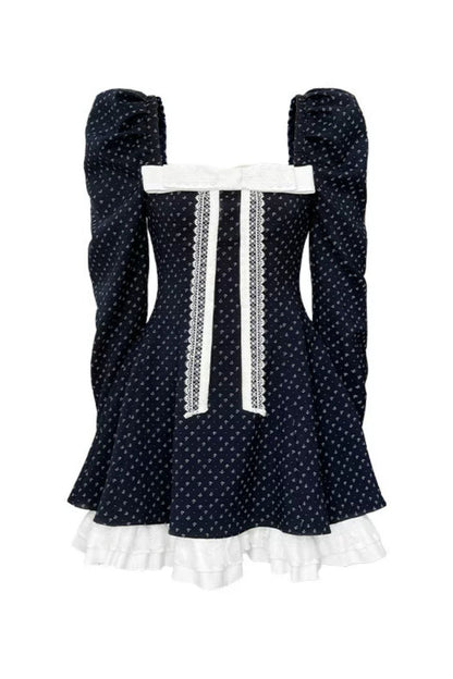 Navy Blue Puff Sleeve Bow Dress