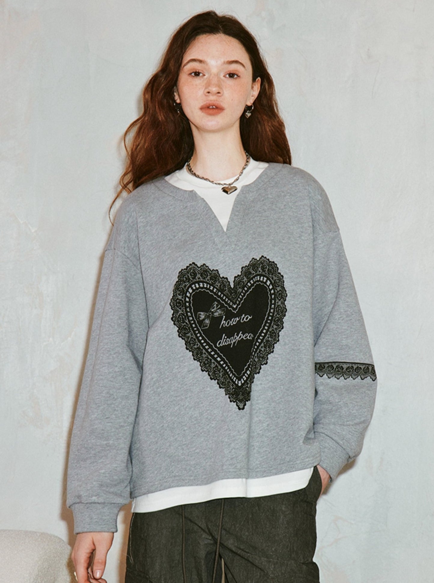 Lace Heart Print Loose Slouchy Top