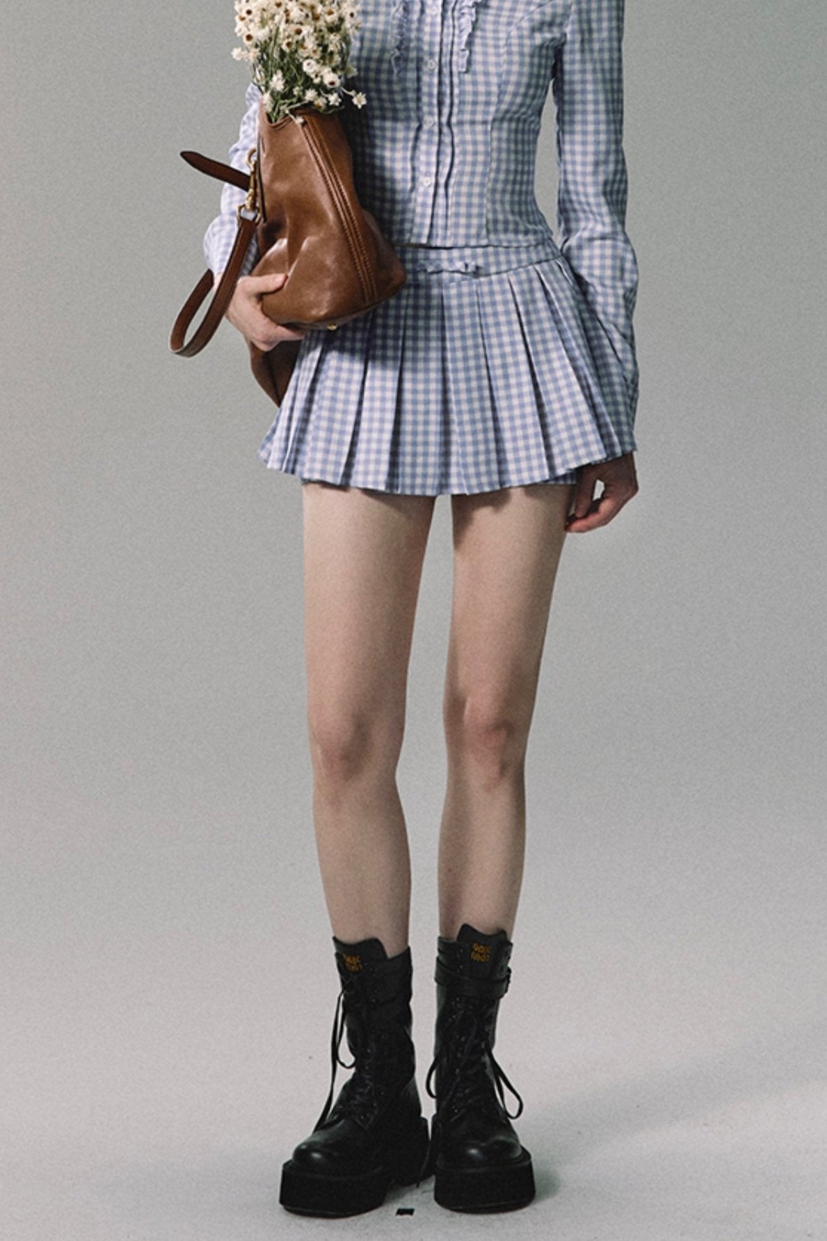 Blue White Plaid Shirt Skirt Set-Up