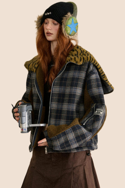 Retro Detachable Hooded Plaid Jacket