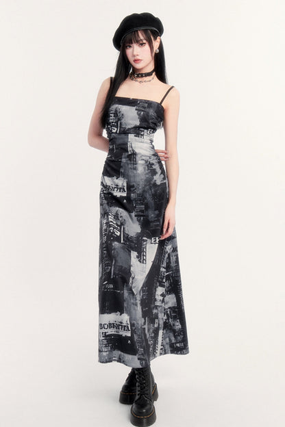 Pictorial Print Slim Long Slip Dress