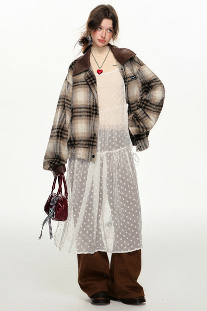 CyNi American Plaid Woolen Jacket Top, Wolle Tweed Revers, Herbst weiblich braun Temperament, Senior Short O