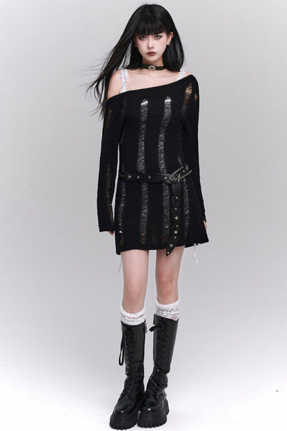 Ghost Girl Prefall Backless Sweater Ripped Cut-Out Knit Dress Hot Girl Top Outfit Music Festival