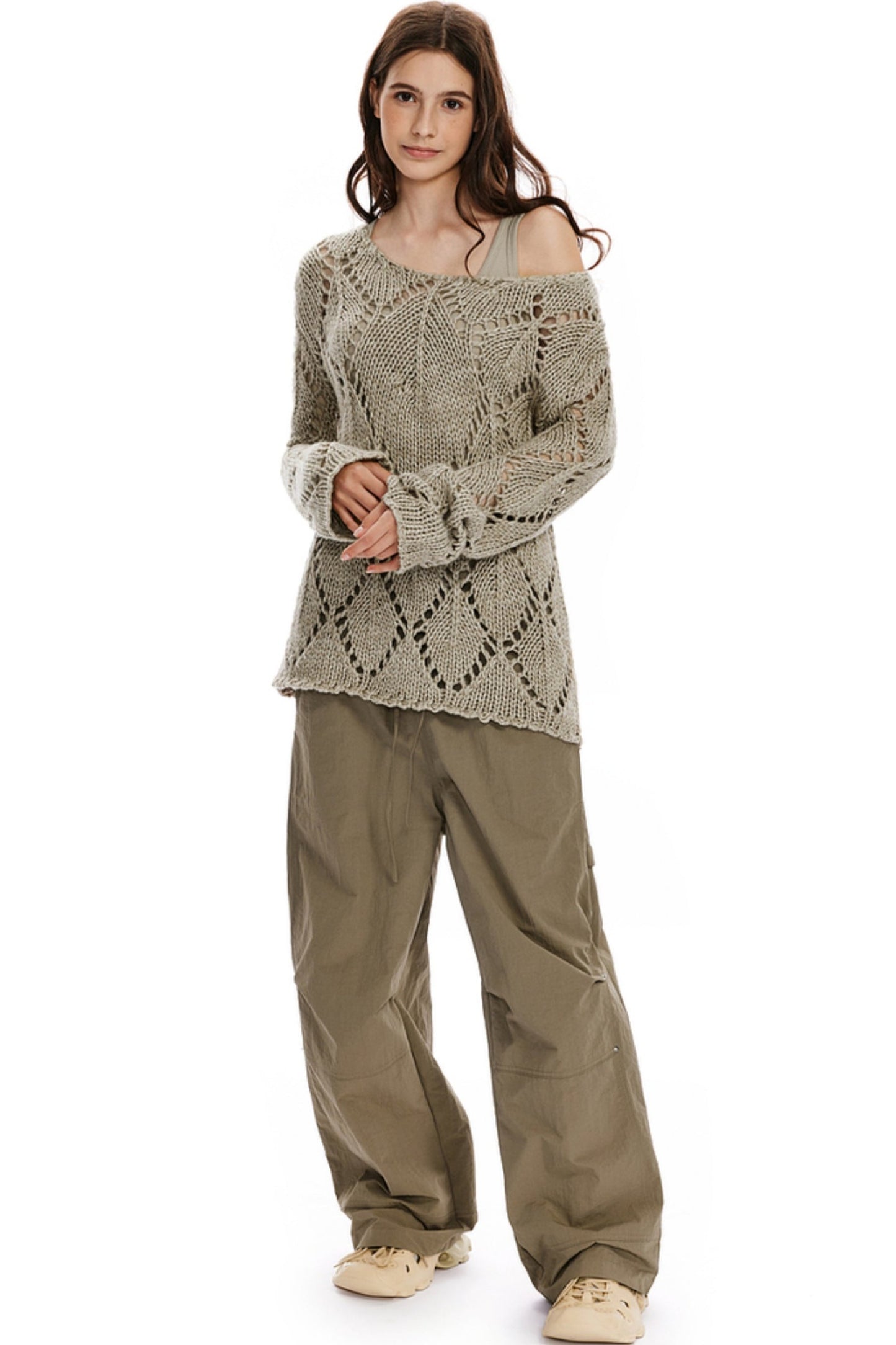 APEA slouchy Sloth-Style mit überschnittenen Schultern, Langarmstrick mit Wollausschnitt und geripptem Westen-Duo