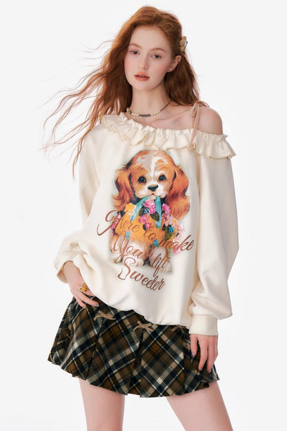 ziziFei Herbst und Winter amerikanischen Retro-Design Sinn einzeiligen Schulter lose faulen Wind Hund drucken off-the-shoulder Sweatshirt Frauen