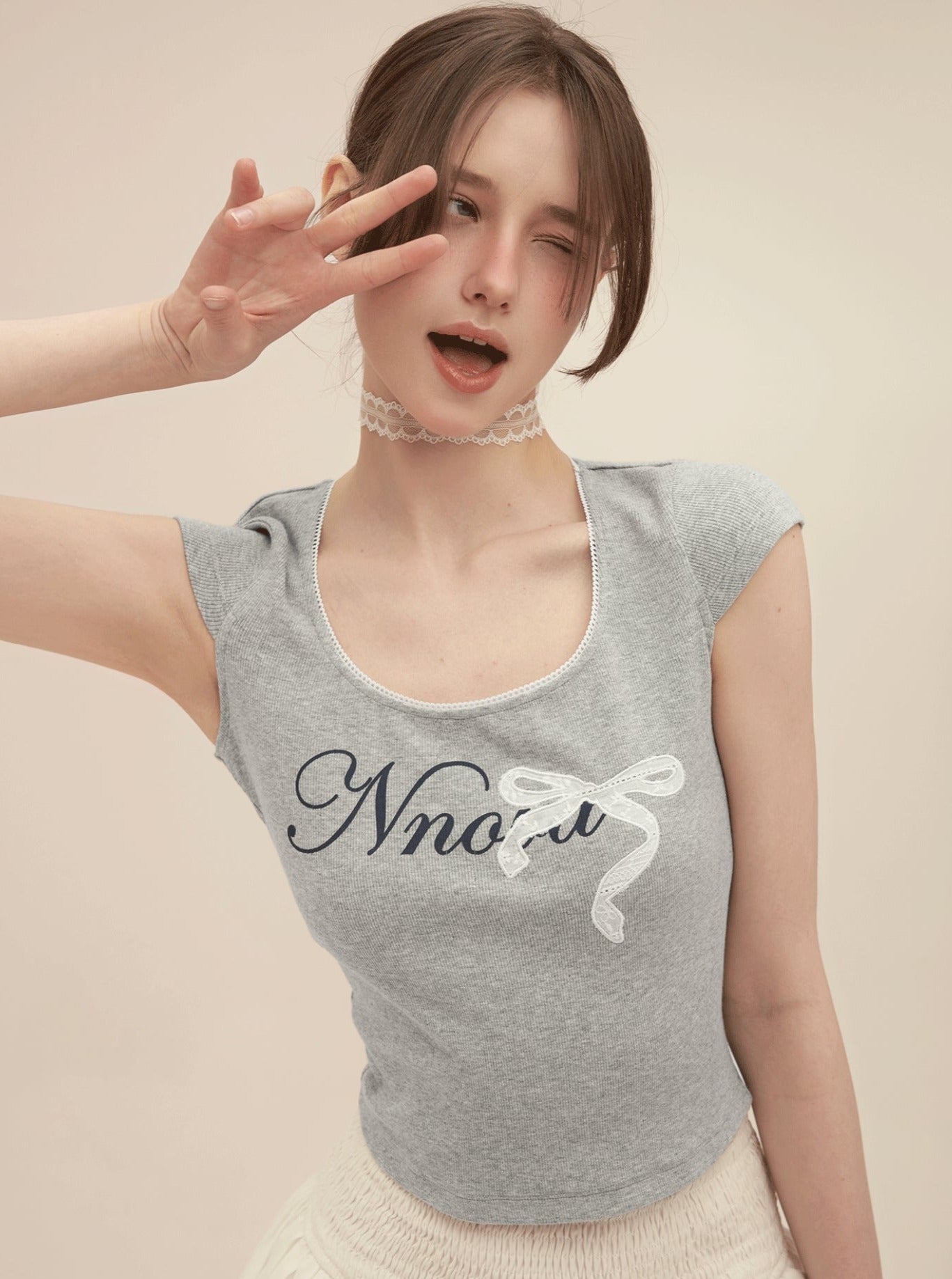 U-Neck Bow High Waist T-Shirt