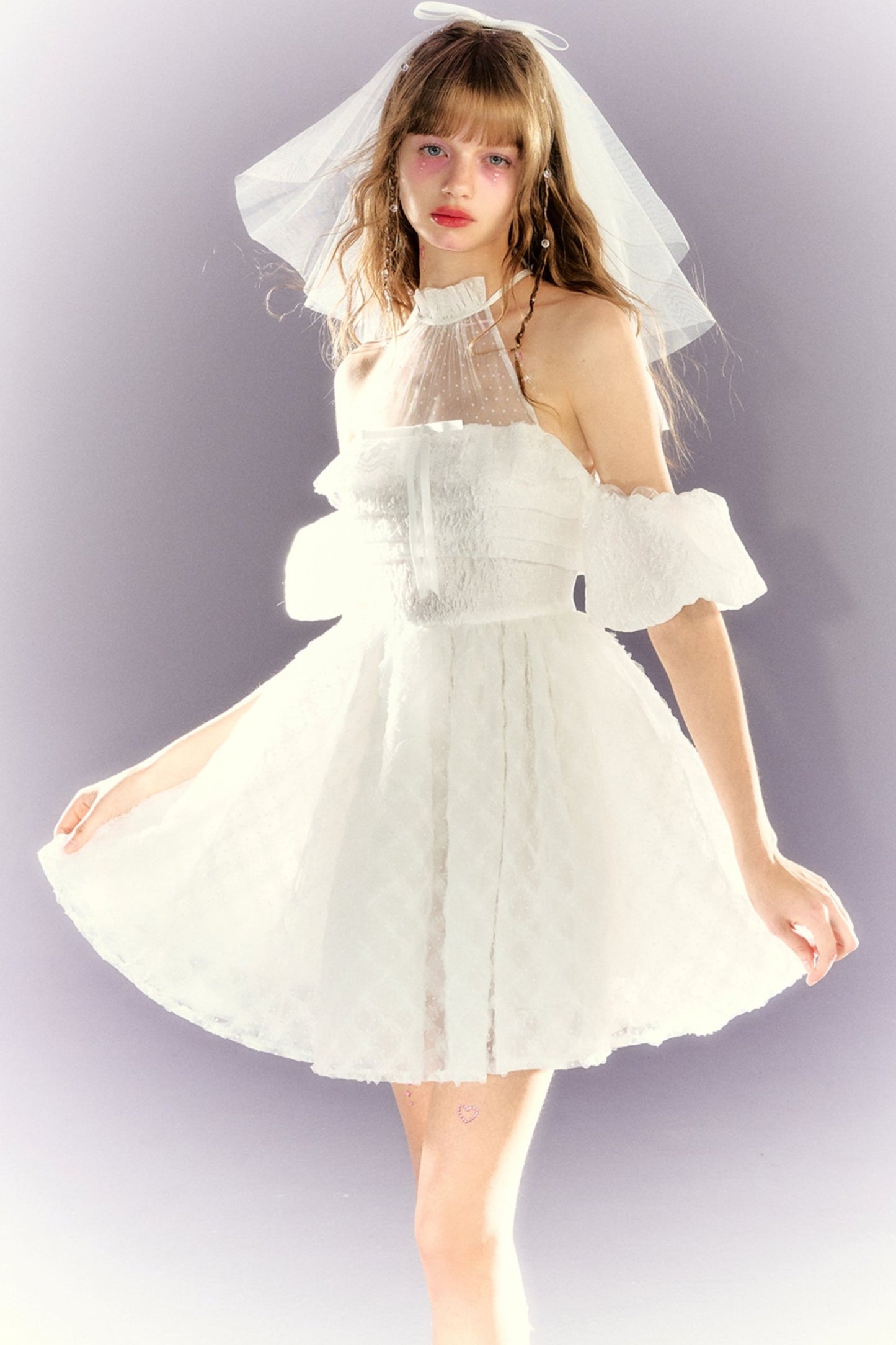 Pure White Mesh Halterneck Dress