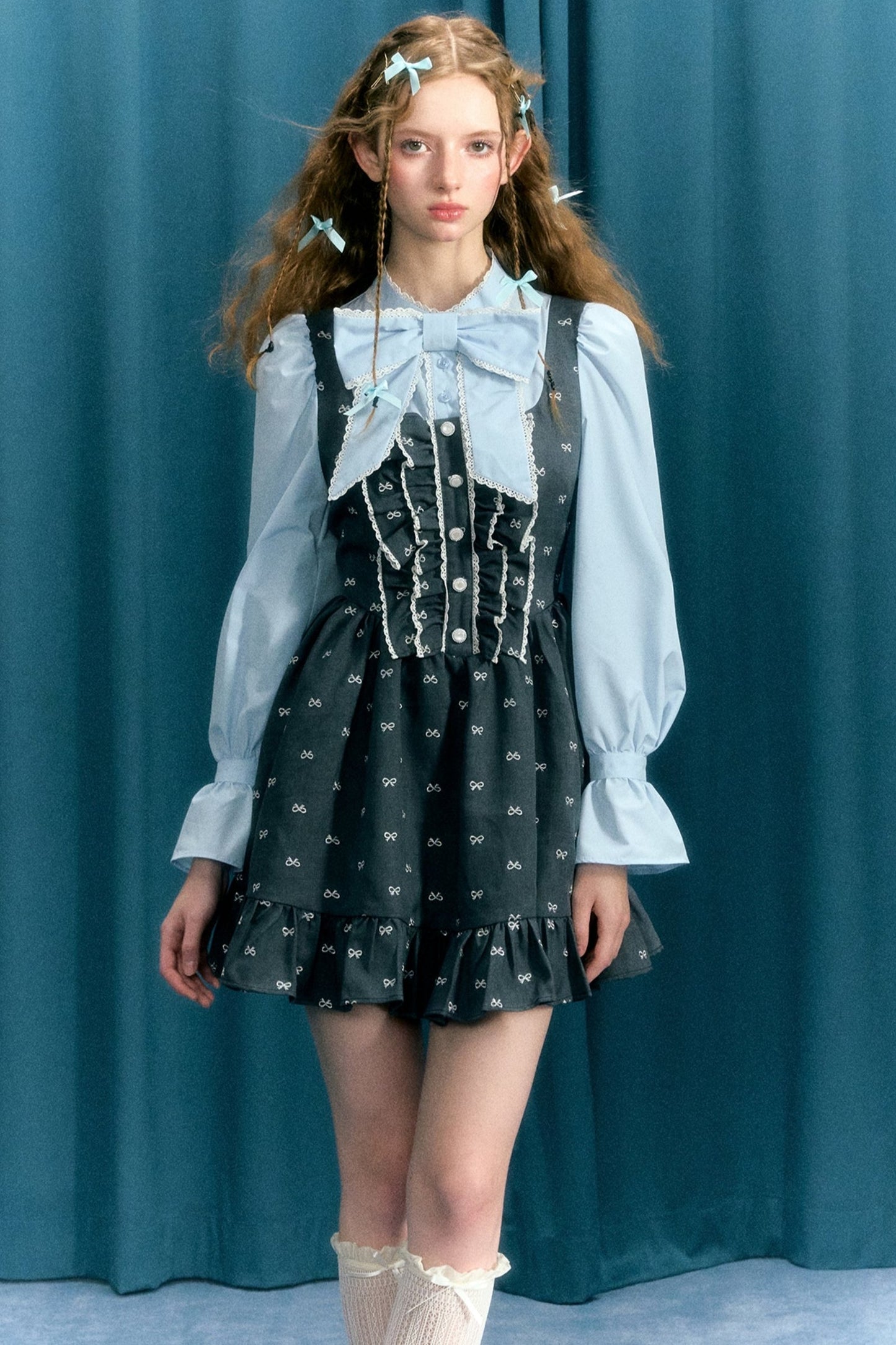 Erzähler Original Design blau grau Bogen College Puffärmel lange Ärmel gefälschte zweiteilige Kleid Tutu