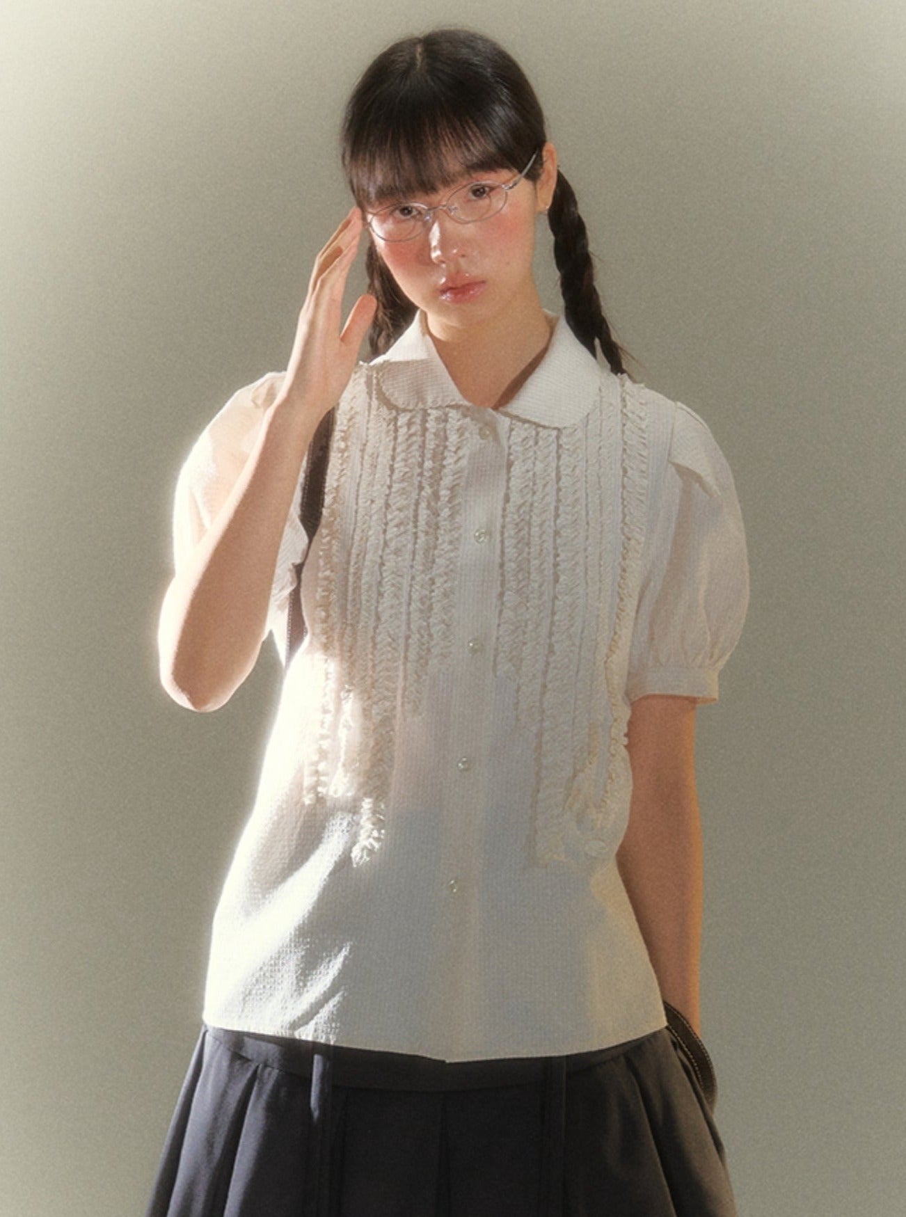 French Puff Sleeve Check Short Sleeve Top