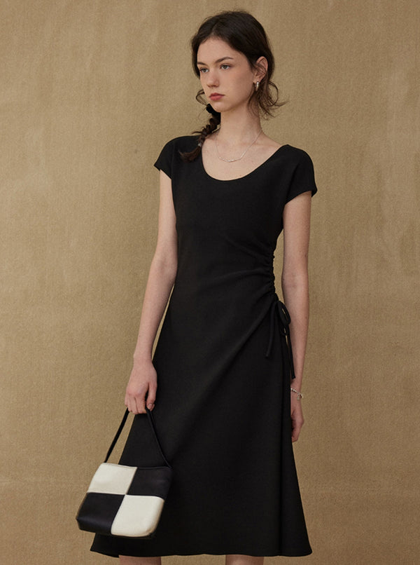 Lazy UV Neck Drawstring Drape Dress