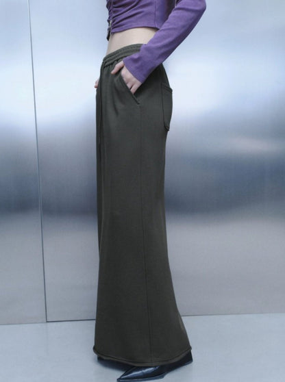 Elasticized Waist Drawstring Slit Long A-Skirt