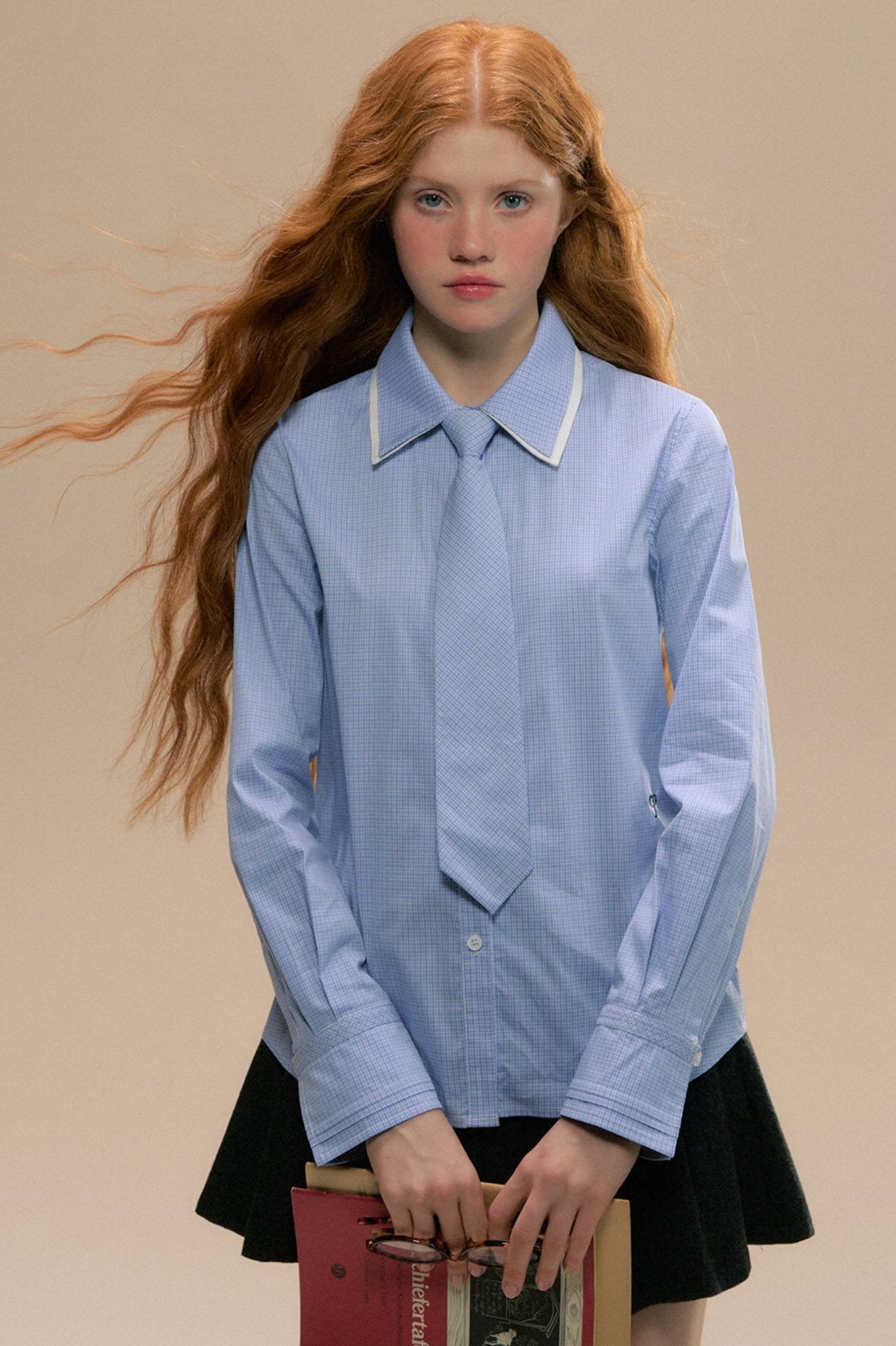 DOUBLE COLLAR COLLEGE TIE LOOSE SHIRT