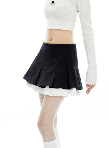 Retro Contrast Fake Two Pleated Skirt