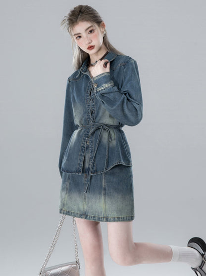 Gradient Blue Contrast-Trim Shirt Denim Set