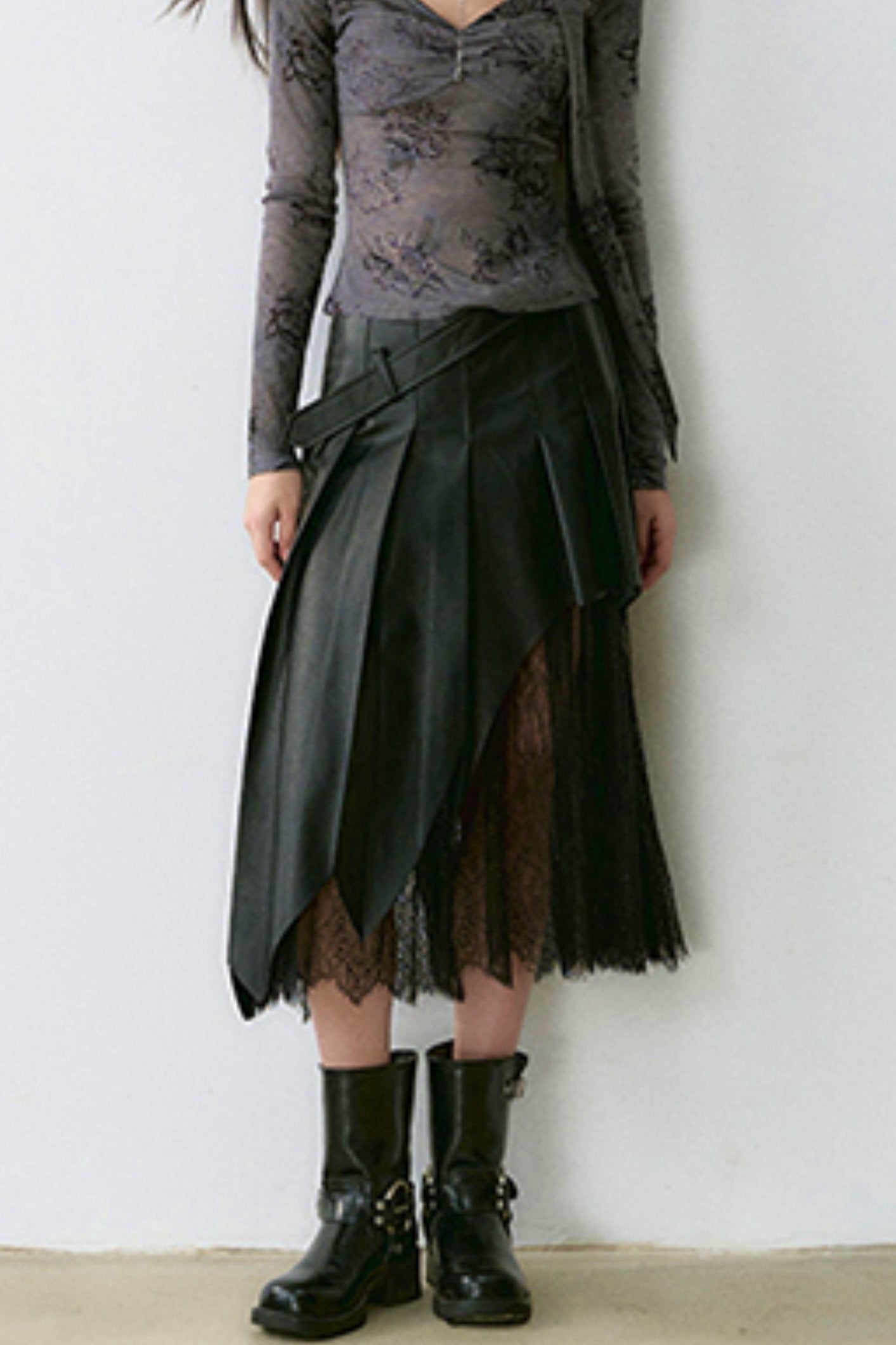 Lace Stitch Pu Leather Skirt