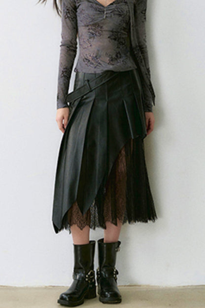 Lace Stitch PU Leather Skirt