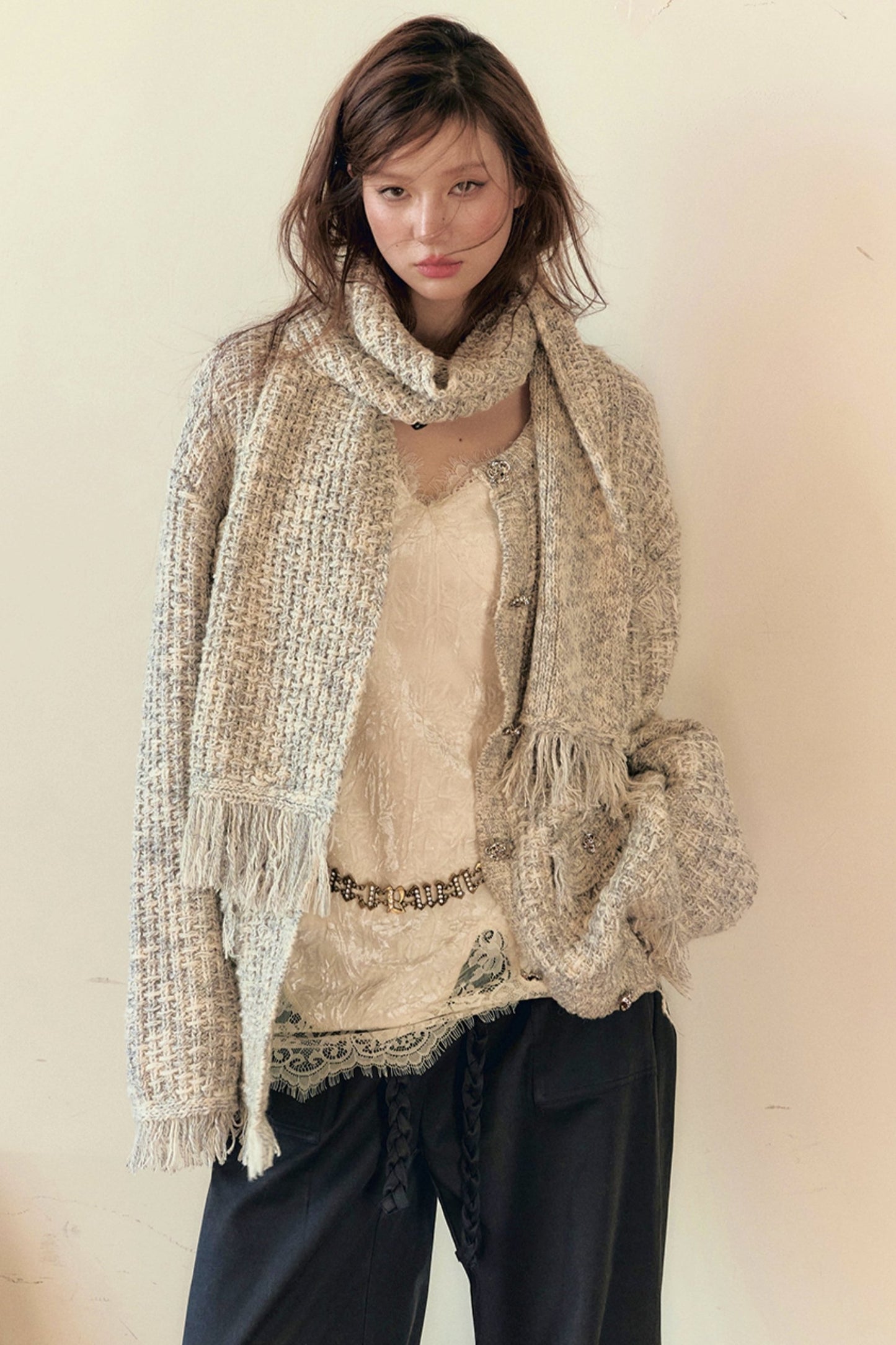 Lace Panel Sweater Jacket With Contrasting Knit Cardigan Vest