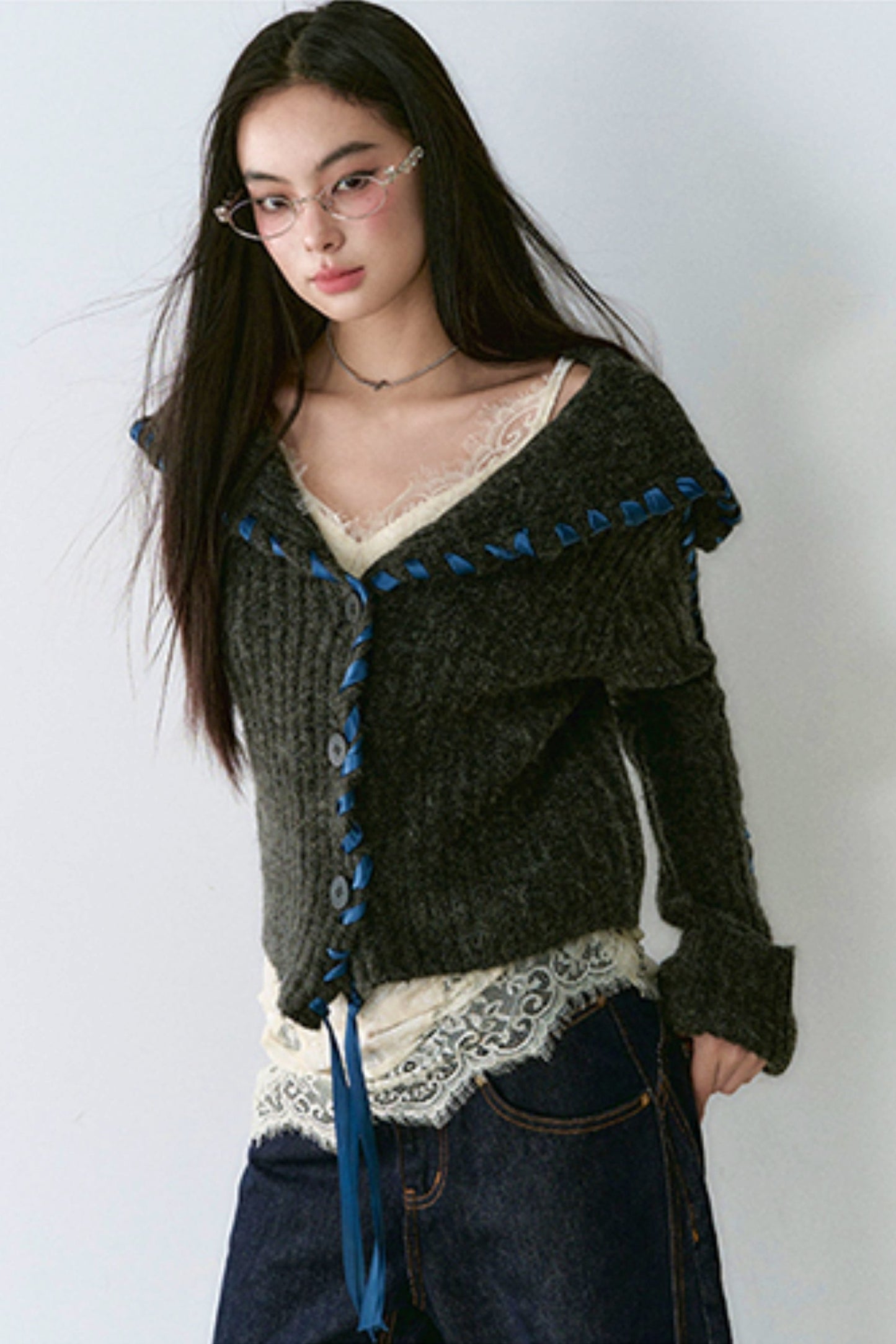 Lace Panel Sweater Jacket With Contrasting Knit Cardigan Vest