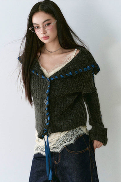 Lace Panel Sweater Jacket With Contrasting Knit Cardigan Vest