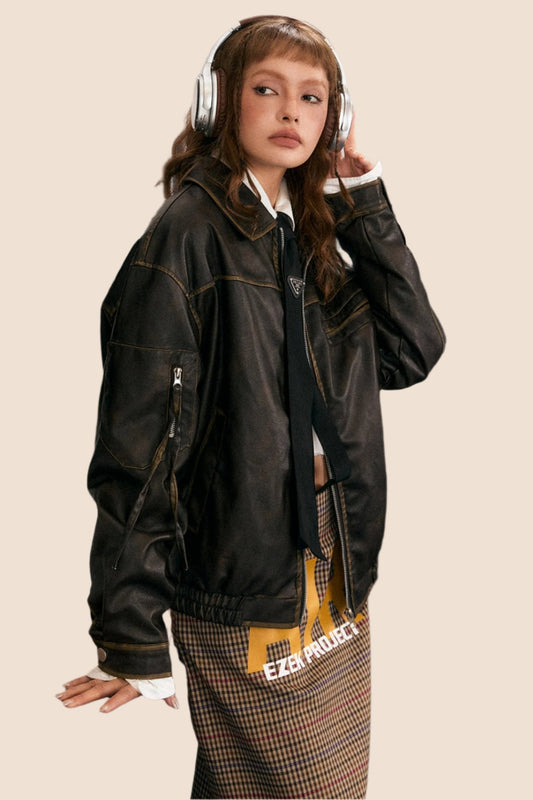 EZEK AMERICAN RETRO REIBEN FARBE NOTLEIDENDEN STIL PU LEDERJACKE FRAUEN KURZE JACKE LOSE HERBST NEUE BIKER-ANZUG