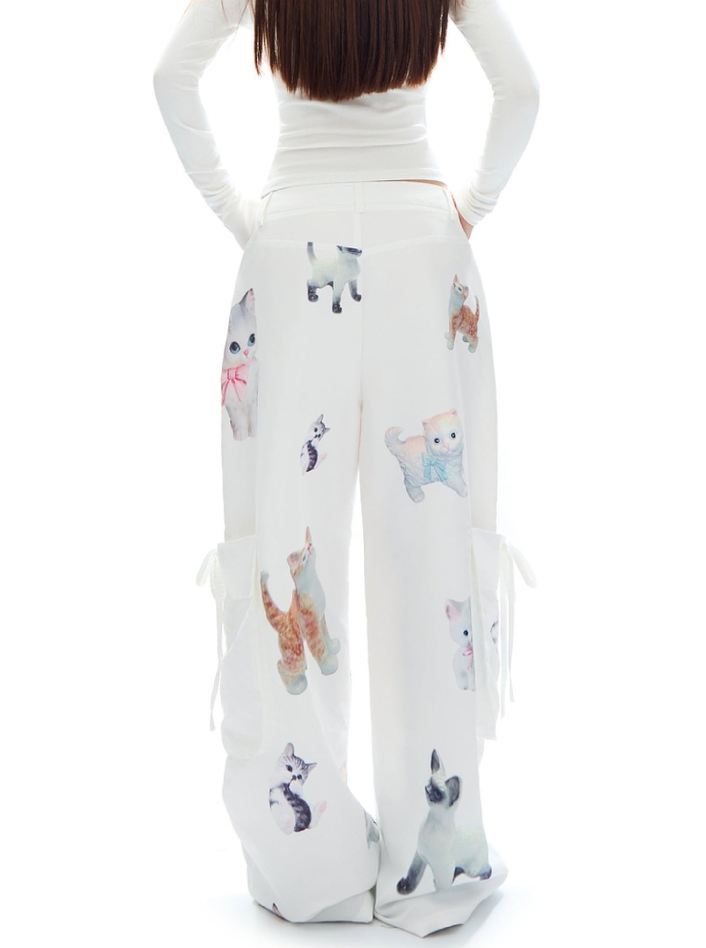 Ceramic Cat Print Shirred Cargo Pants